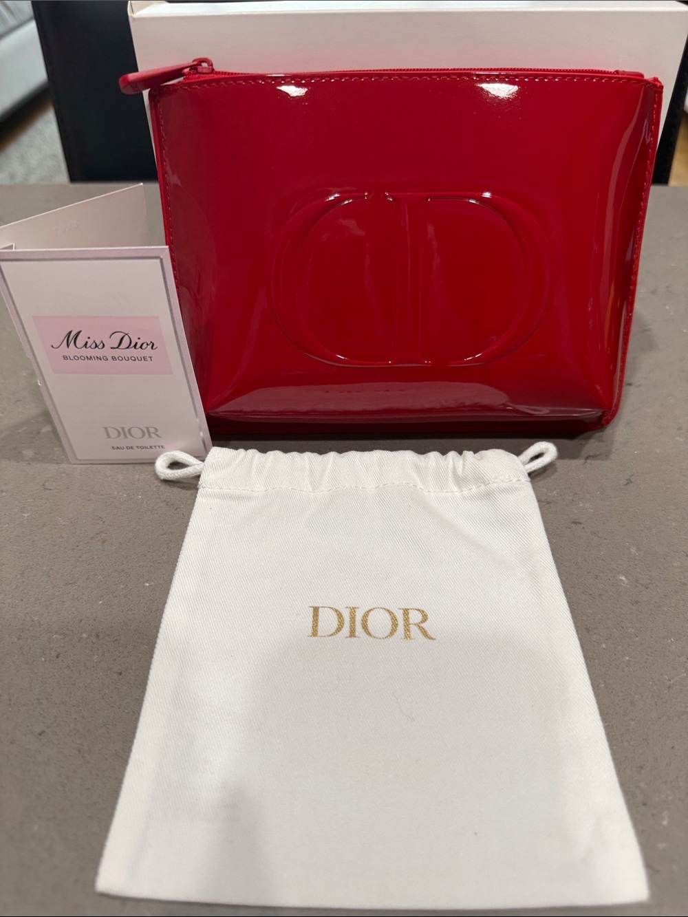 Dior Red Patent Logo Zip Pouch with Box, Sample Miss Dior & Dustbag New/Unused